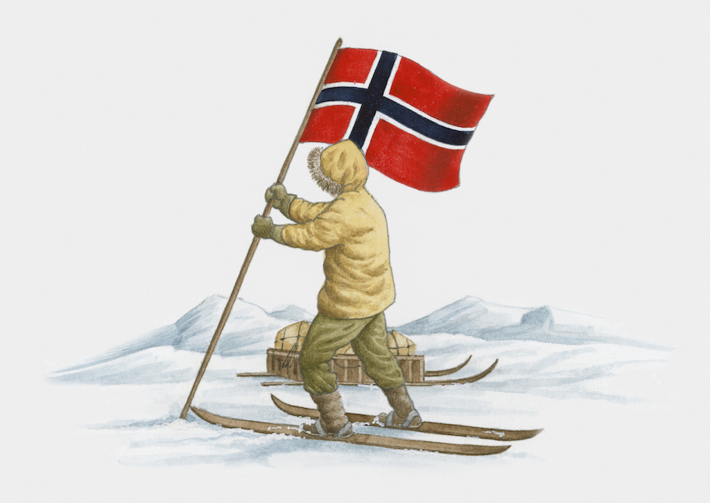 A depiction of Roald Amundsen planting the Norwegian flag at the South Pole.