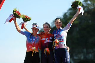 Daria Pikulik with Chiara Consonni and Mia Griffin on the podium for the Tour of Guangxi Women 2023 