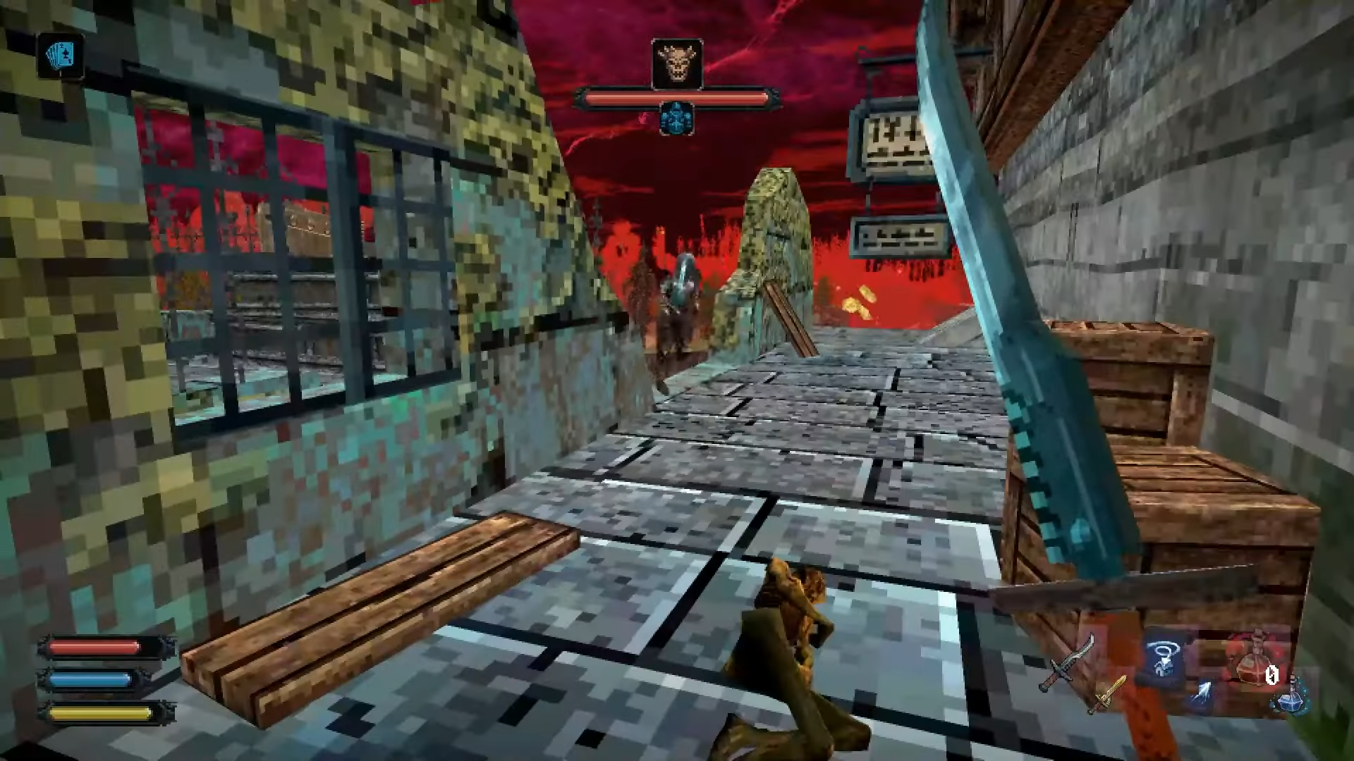 first person view of ruined town while wielding sword in Dread Delusion