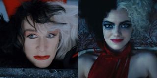 Glenn Close in 101 Dalmatians and Emma Stone in Cruella, Disney Cruella de Vil movies