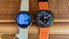 The Samsung Galaxy Watch 7 (left, silver) and Samsung Galaxy Watch Ultra (right, black) side-by-side