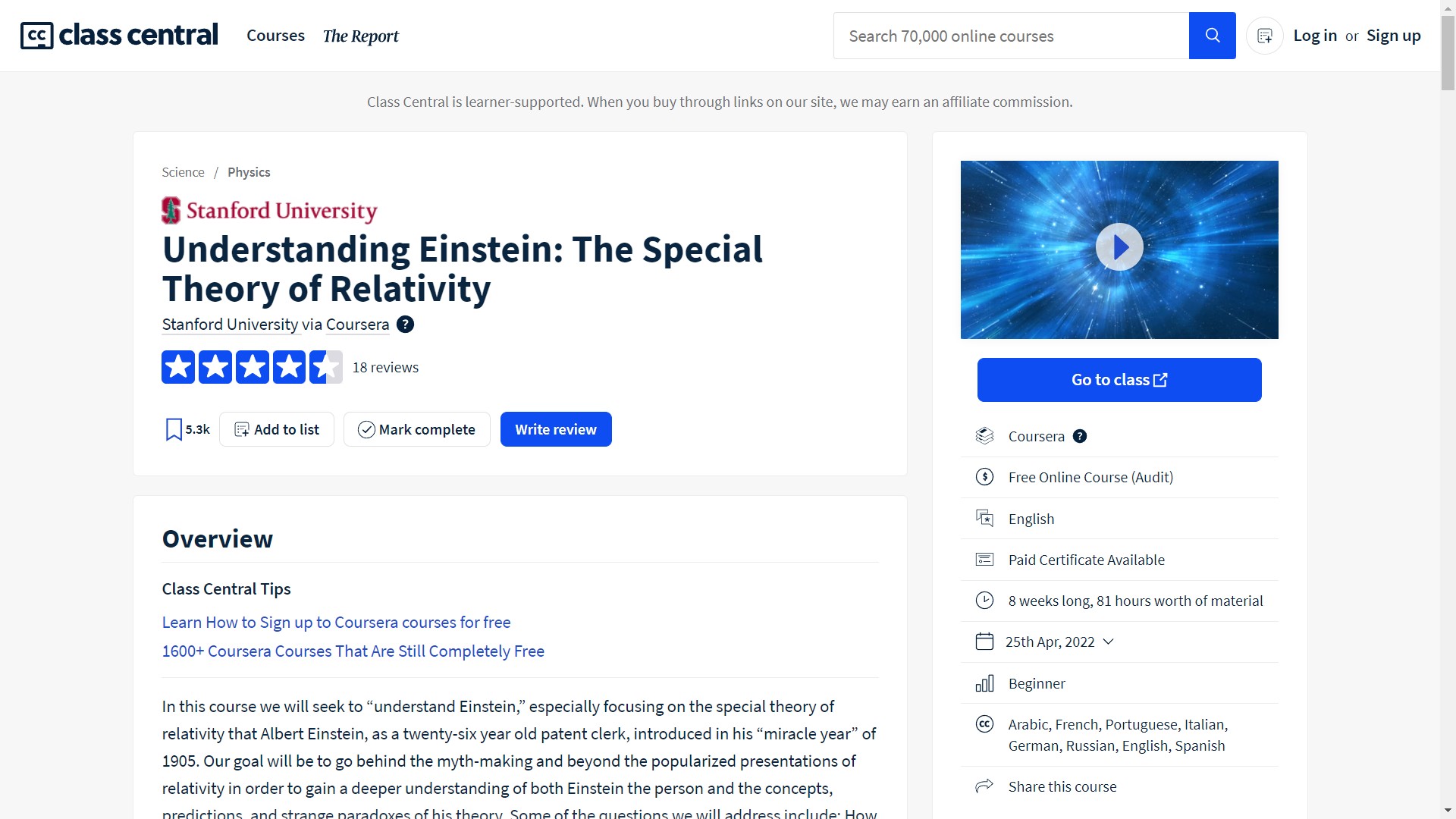 Understanding Einstein The Special Theory of Relativity. Stanford University via Coursera.