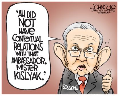 Political Cartoon U.S. Jeff Sessions Russian ambassador Kislyak contextual relations