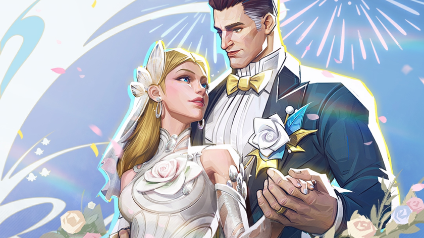 Sue Storm and Reed Richards in wedding outfits 