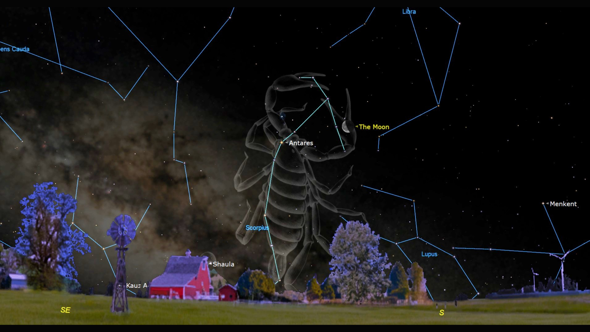 A constellation map of the night sky showing a cartoon scorpion for the constellation Scorpio. In the center of the image is a labeled dot for the star Antares and nearby an icon of a crescent moon that's labeled. This scene all overlooks a red farmhouse surrounded by trees