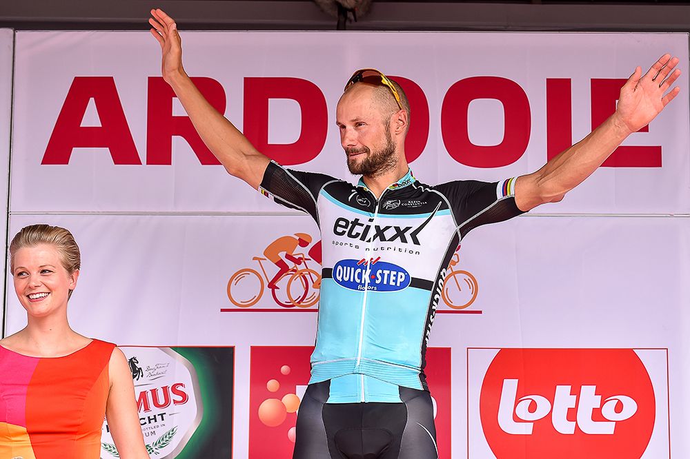 Tom Boonen on the stage 3 podium of the 2015 Eneco Tour.