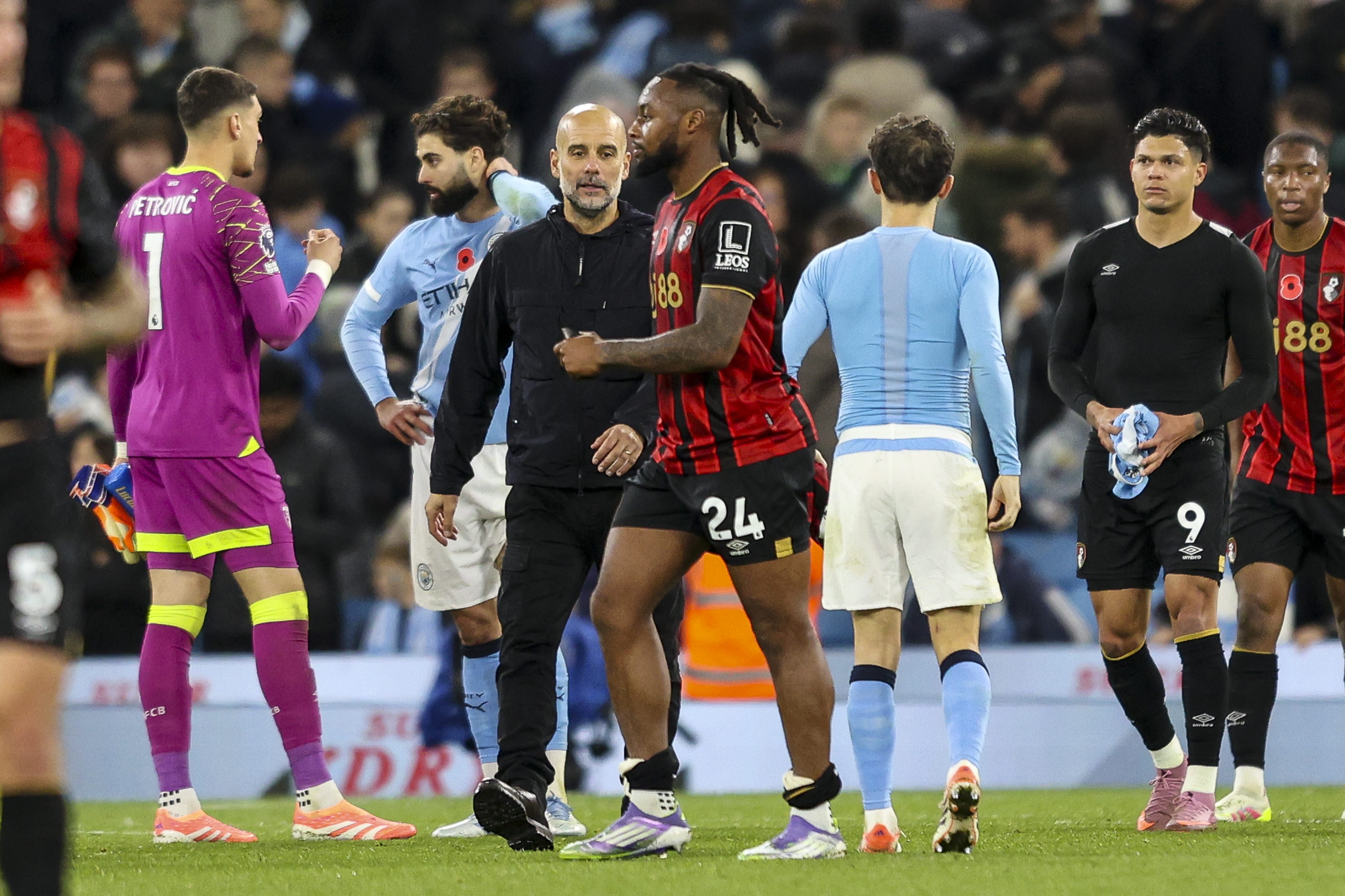 MANCHESTER, ENGLAND - NOVEMBER 02: Head Coach Pep Guardiola of Manchester City with Antoine Semenyo of Bournemouth after his sides 3-1 win during the Premier League match between Manchester City and Bournemouth at Etihad Stadium on November 02, 2025 in Manchester, England. (Photo by Robin Jones - AFC Bournemouth/AFC Bournemouth via Getty Images)
