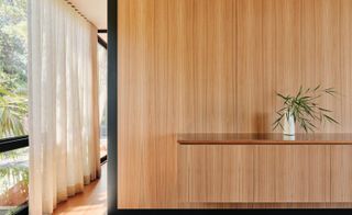 Wood panel walls with long curtains