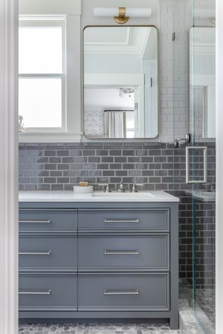 gray bathroom with gray wall tiles, grey vanity