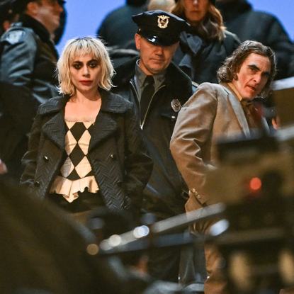 Lady Gaga and Joaquin Phoenix are seen on the set of "Joker: Folie a Deux" at Shakespeare Steps in the Bronx on April 02, 2023 in New York City.