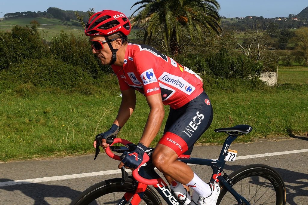 SUANCES SPAIN OCTOBER 30 Richard Carapaz of Ecuador and Team INEOS Grenadiers Red Leader Jersey during the 75th Tour of Spain 2020 Stage 10 a 185km stage from Castro Urdiales to Suances lavuelta LaVuelta20 La Vuelta on October 30 2020 in Suances Spain Photo by David RamosGetty Images