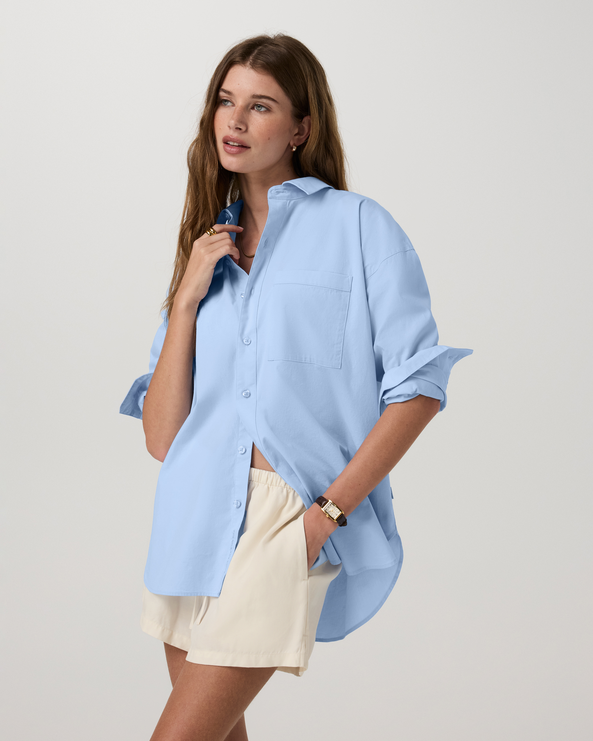 Long Sleeve Kensington Relaxed Button Down - Oxford Blue Heather - Xxs