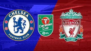 Badges of Chelsea and Liverpool either side of Carabao Cup logo