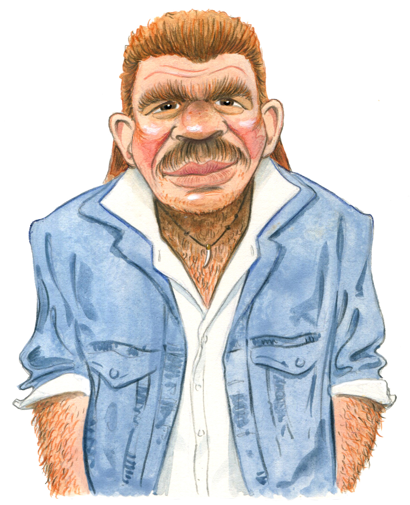A cartoon of a hairy man wearing blue and white button down shirts
