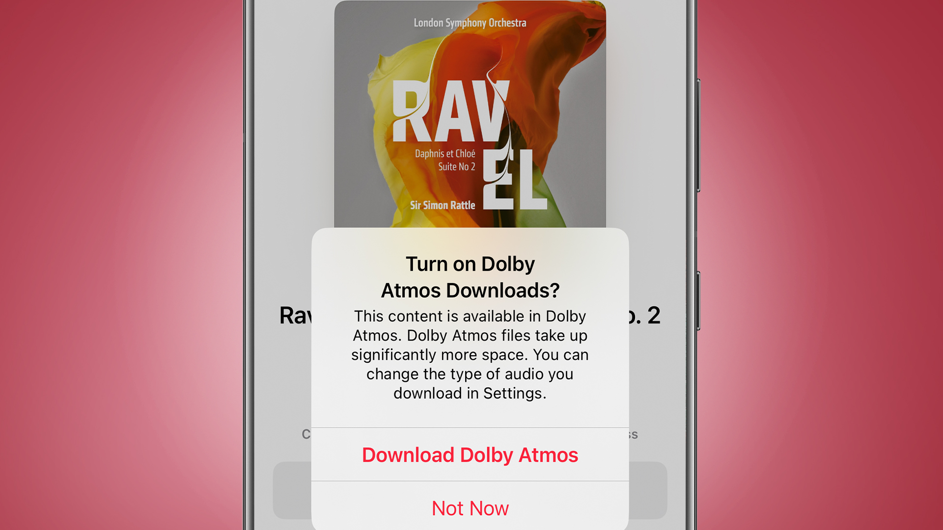 An iPhone on a red background showing the Apple Music Classical app