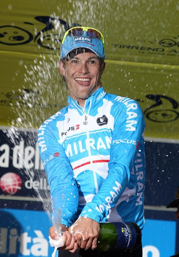 Linus Gerdemann (Milram) celebrates after winning stage 1 of Tirreno-Adriatico.