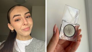 (Left) Digital beauty writer, Sennen Prickett with brunette ponytail smiling and wearing the Urban Decay 'Lithium' eyeshadow (Right) Hand holding Urban Decay Moondust eyeshadow in 'Lithium'