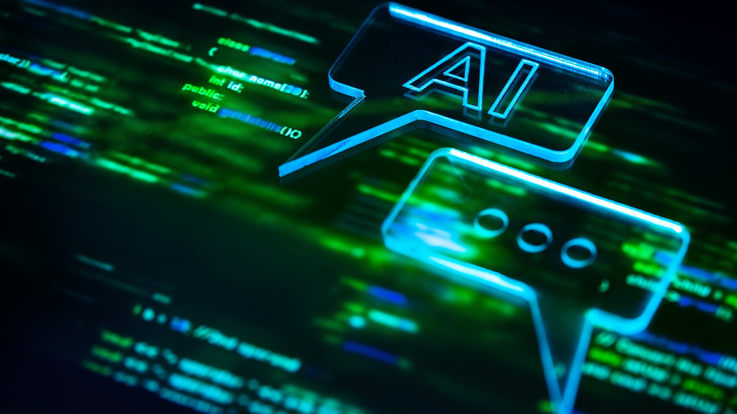 A computer graphic showing Ai chat bubbles in blue with text behind it in green on a black background.
