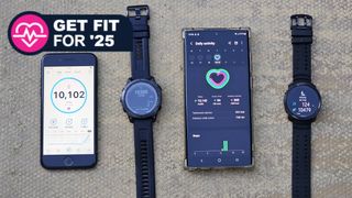 iPhone, Samsung, Garmin watch and Polar Watch displaying step counts