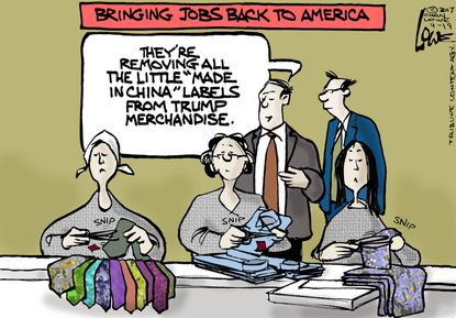 Political Cartoon U.S. Trump Jobs America Made in China