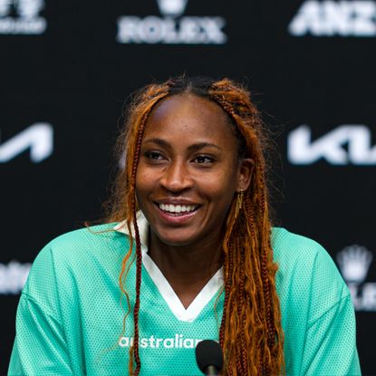 coco gauff appears at a press conference