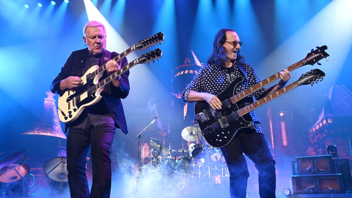 Alex Lifeson and Geddy Lee of Rush perform during the opening night of their first American tour in 11 years at The Kia Forum on June 07, 2026 in Inglewood, California.