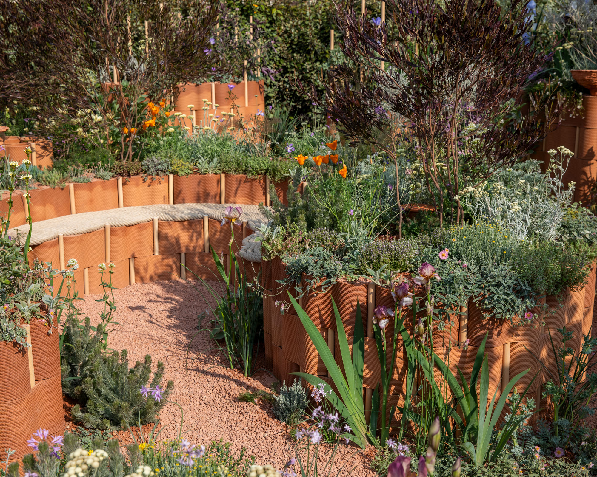 serie of tiered planting beds in sloping garden