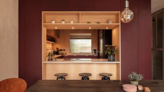 kitchen pod space with ply walls and burgundy painted walls