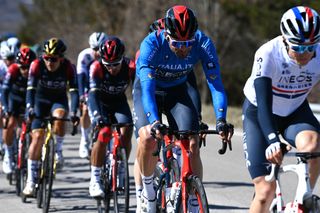 BELLANTE ITALY MARCH 10 Filippo Ganna of Italy and Team INEOS Grenadiers Blue Leader Jersey competes during the 57th TirrenoAdriatico 2022 Stage 4 a 202km stage from Cascata delle Marmore to Bellante 345m TirrenoAdriatico WorldTour on March 10 2022 in Bellante Italy Photo by Tim de WaeleGetty Images