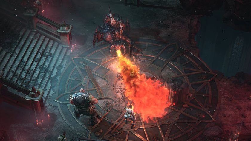 Press kit screenshot of the player&#039;s party fighting a Chaos daemon in Warhammer 40,000: Dark Heresy.