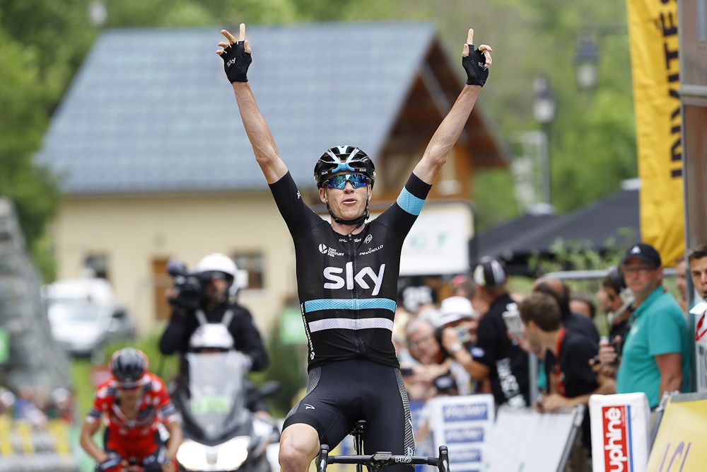Chris Froome celebrates winning stage 5 at the Criterium du Dauphine
