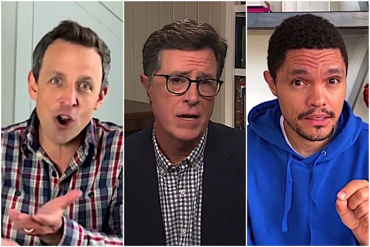 Stephen Colbert Trevor Noah And Seth Meyers Are Skeptical Of Trump S Somber New Tone On