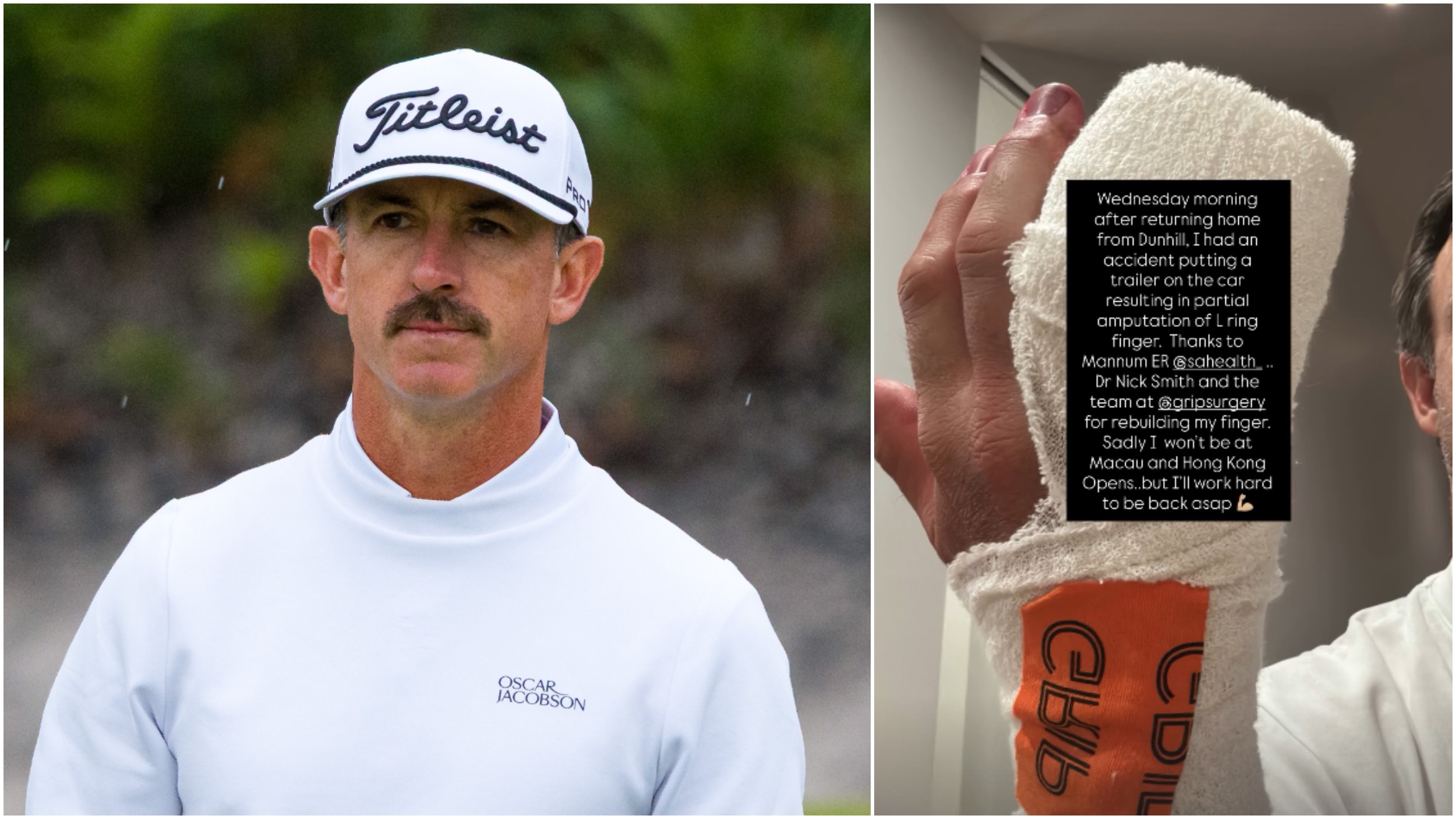 Wade Ormsby pictured in golfing action an an Instagram post of his hand after finger surgery