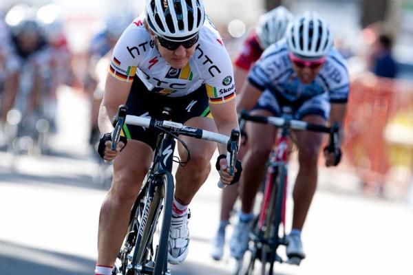 Shortly following her tumble Ina-Yoko Teutenberg (HTC-Highroad) began working to split up the front of the field.