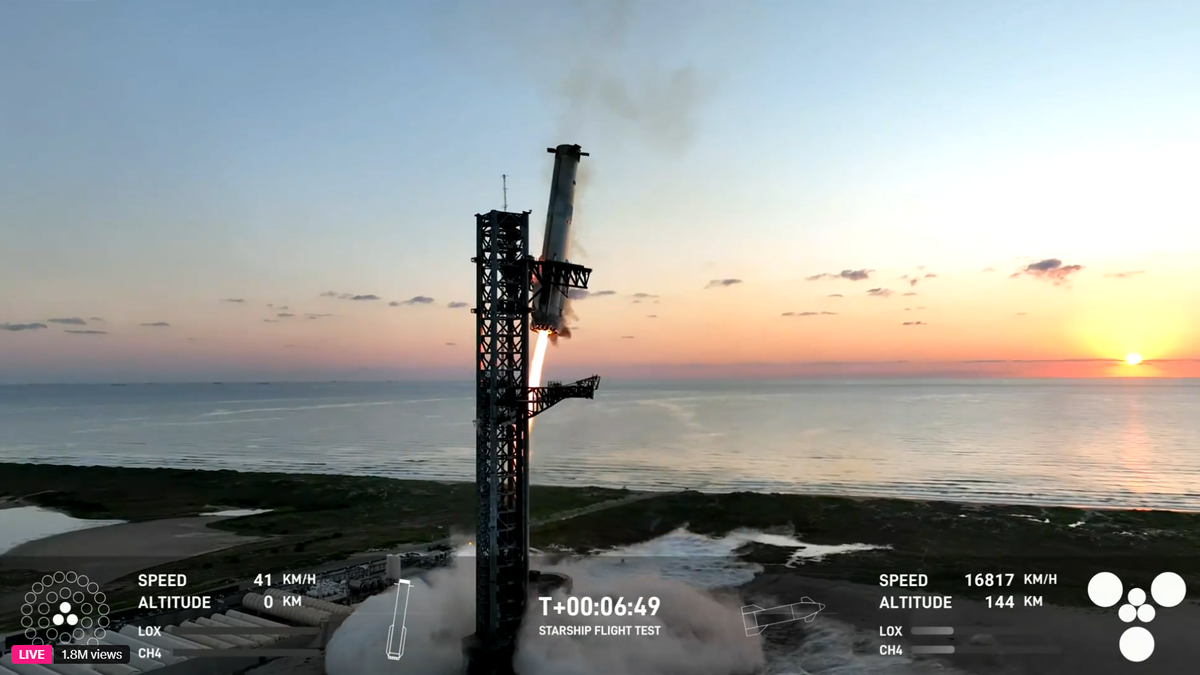 SpaceX Starship Flight 5 Super Heavy lands at Mechazilla