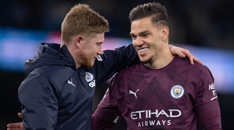 Manchester City pair Kevin De Bruyne and Ederson in 2023.