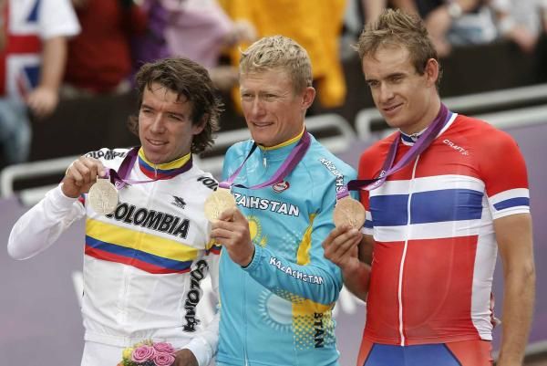 Rigoberto Uran (Colombia), Alexandre Vinokourov (Kazakhstan) and Alexander Kristoff (Norway) were the top three at London 2012.