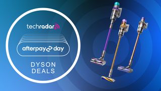 Three Dyson vacuums on a blue gradient background next to TechRadar branding and Afterpay Day logo