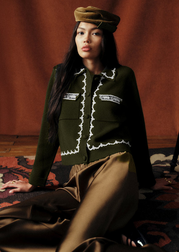 Betty Cardigan - S&amp;eacute;zane X Baziszt - Khaki Ecru Embroidery - Merino Wool - S&amp;eacute;zane
