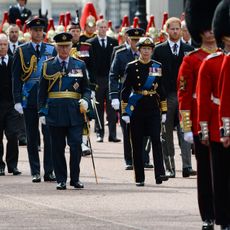  David Armstrong-Jones, 2nd Earl of Snowdon, Prince William, Prince of Wales, King Charles III, Prince Richard, Duke of Gloucester, Anne, Princess Royal and Prince Harry, Duke of Sussex walk behind the coffin during the procession for the Lying-in State of Queen Elizabeth II on September 14, 2022 in London, England.