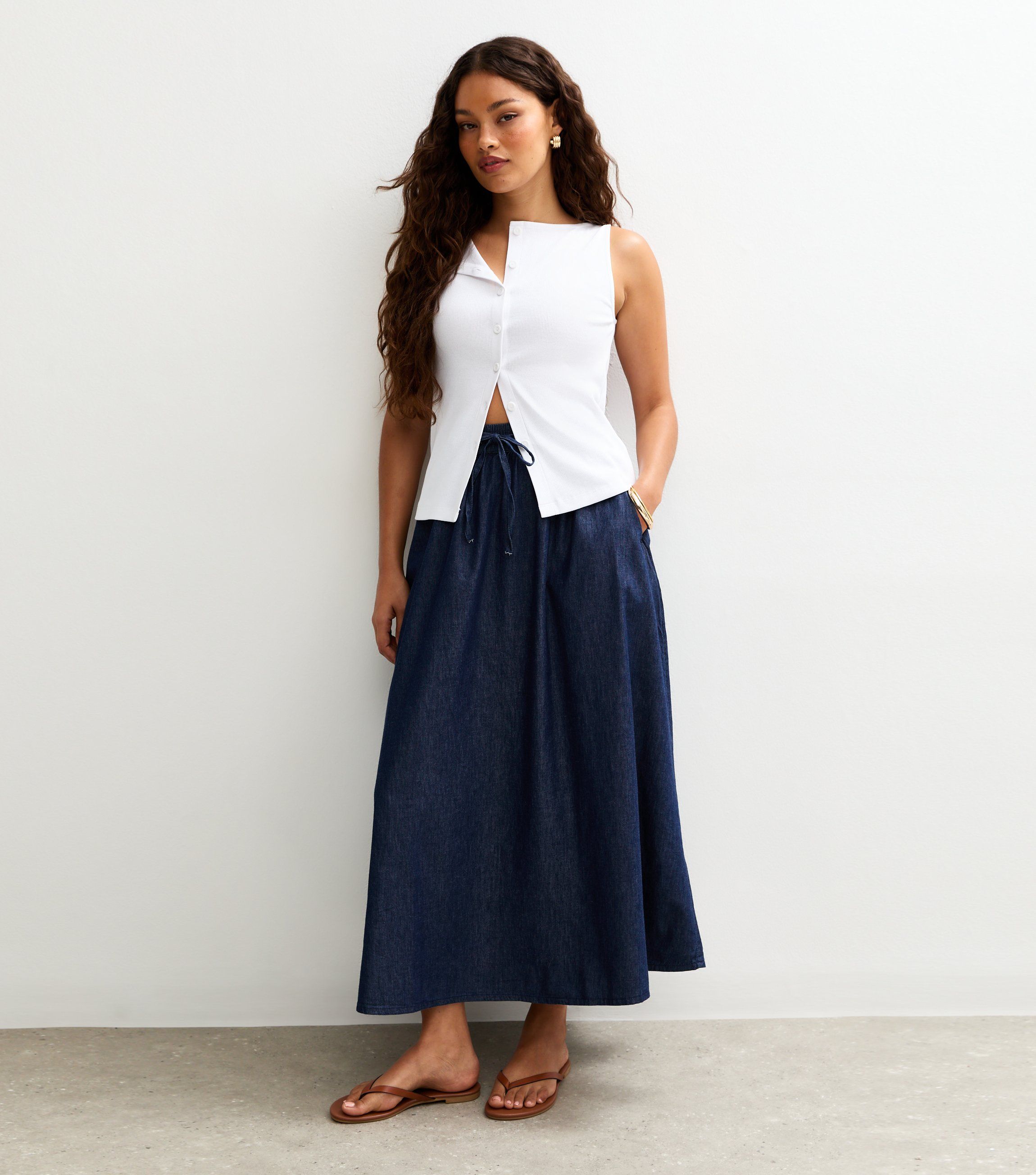 Petite Blue Denim Elasticated Waistband Midi Skirt