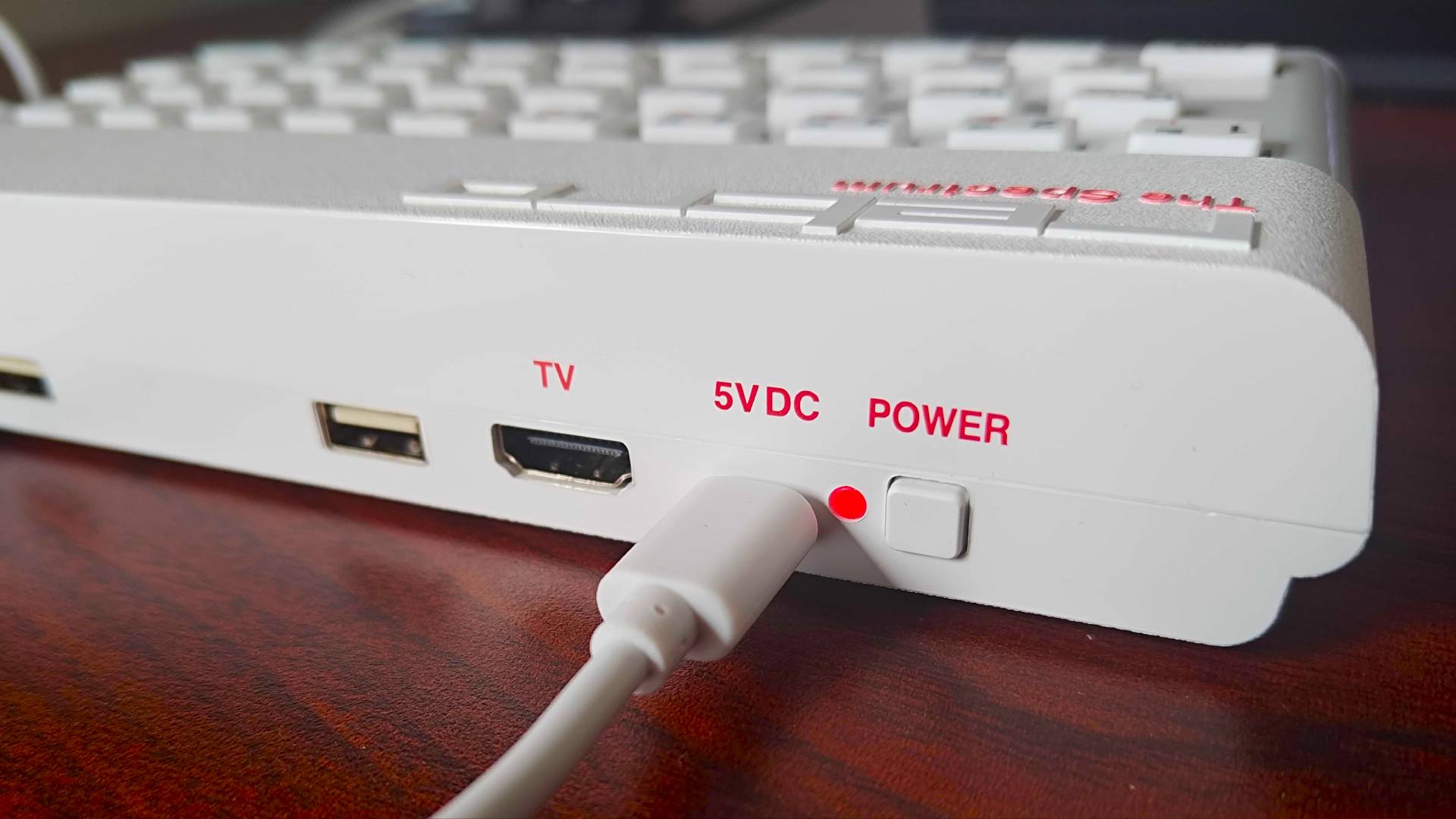 Close up of The Spectrum 5V USB-C power input with red LED on.