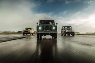 Everrati Electric drive classics - Range Rover Classic (left), Land Rover Series IIA (centre), Land Rover Defender (right)