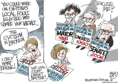 Political cartoon U.S. 2016 election Bernie supporters' futures