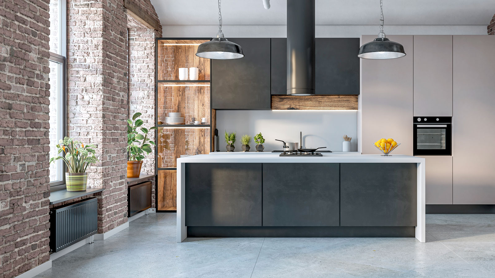 Contemporary grey kitchen with exposed brick walls, large windows and black compact radiators