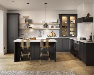 How to plan kitchen lighting with shelves, black cabinetry and pendant lights over an island.