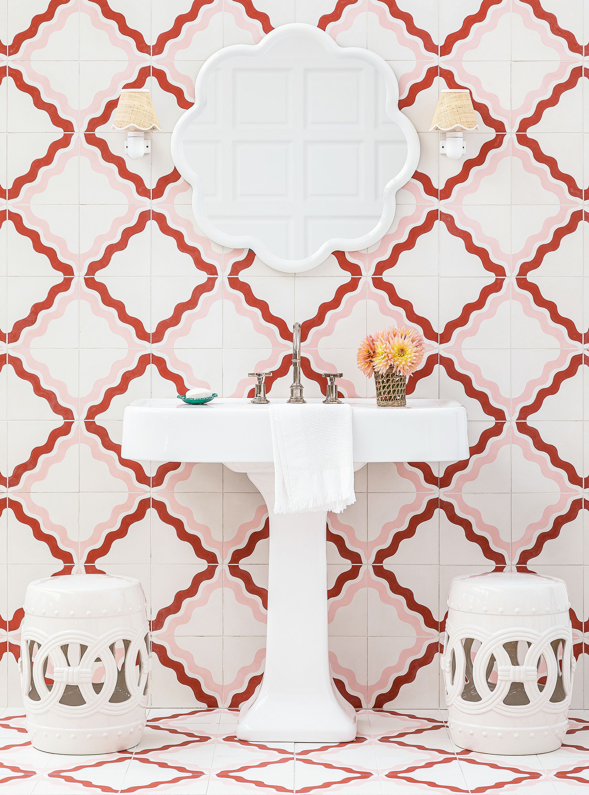 Pink bathroom with red and pink tiles in wavy design