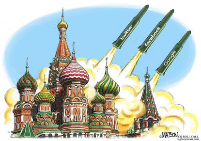 Political cartoon World Russia hacking Twitter Facebook Google 2016 election nuclear weapons