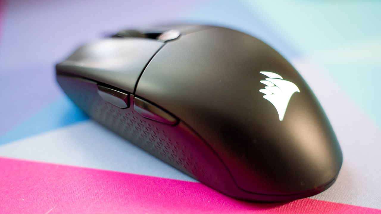 Corsair Katar Elite Wireless on a colorful mouse pad