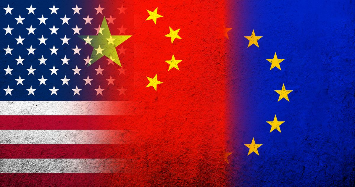 A photo transition showing the US flag blending into the Chinese flag, which then blends into the EU flag